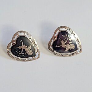 Siam sterling silver 925 heart shaped black enameled dancer screw on earrings